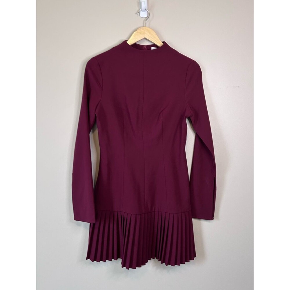 Commense Burgundy Bell Long Sleeve Pleated Hem Mini Dress Size Small - Picture 2 of 7